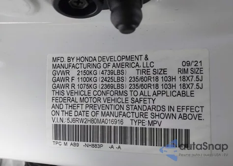 2021 Honda Cr-V Awd Ex-L from USA, damaged, VIN 5J6RW2H80MA016916